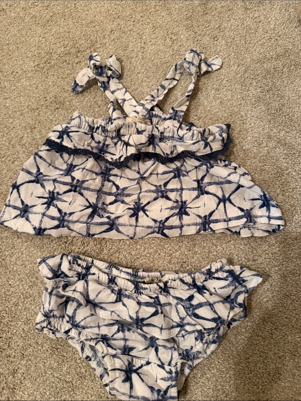 Jessica Simpson White and Navy Tie-Dye Two-Piece Ruffle Swim Set